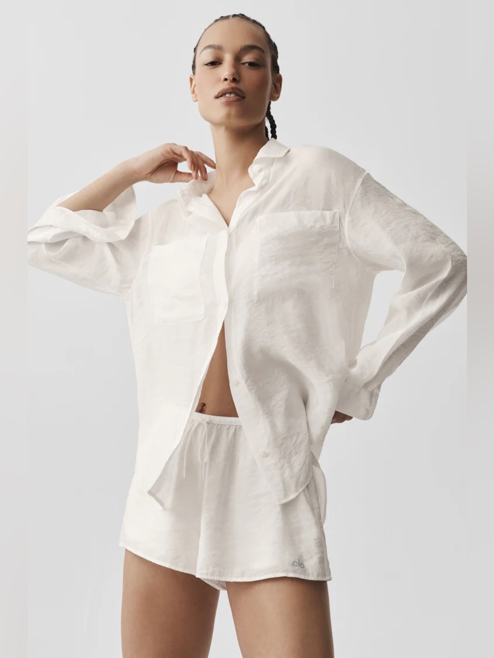 ALO Semi-Sheer Golden Hour Button Down + Shorts Set in Ivory - Small